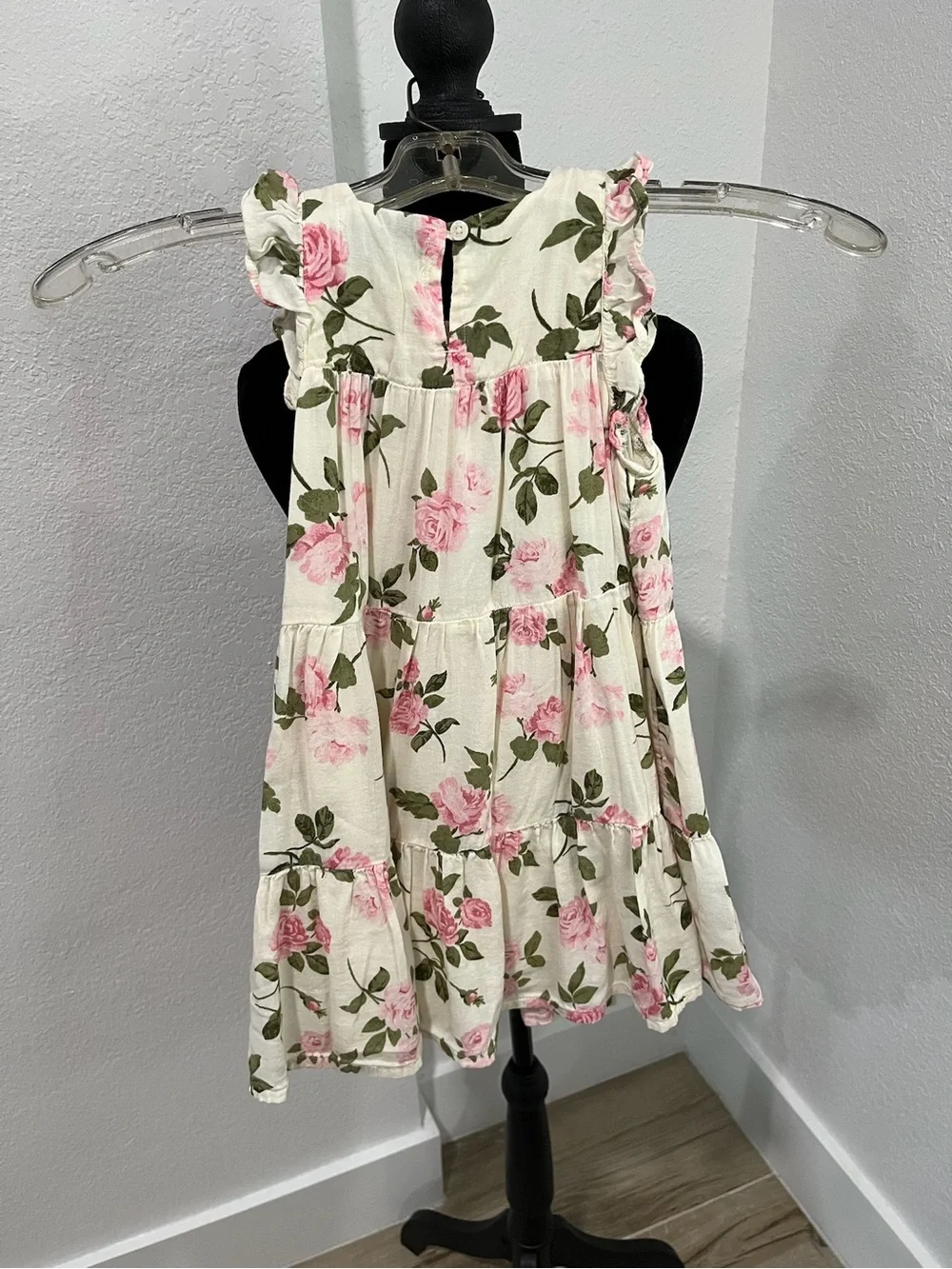 Old Navy Cream Dress with Pink Floral & Green Leaves